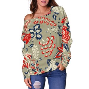 Beige Bohemian Floral Pattern Print Off Shoulder Sweatshirt GearFrost