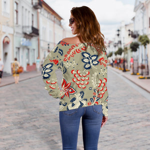 Beige Bohemian Floral Pattern Print Off Shoulder Sweatshirt GearFrost