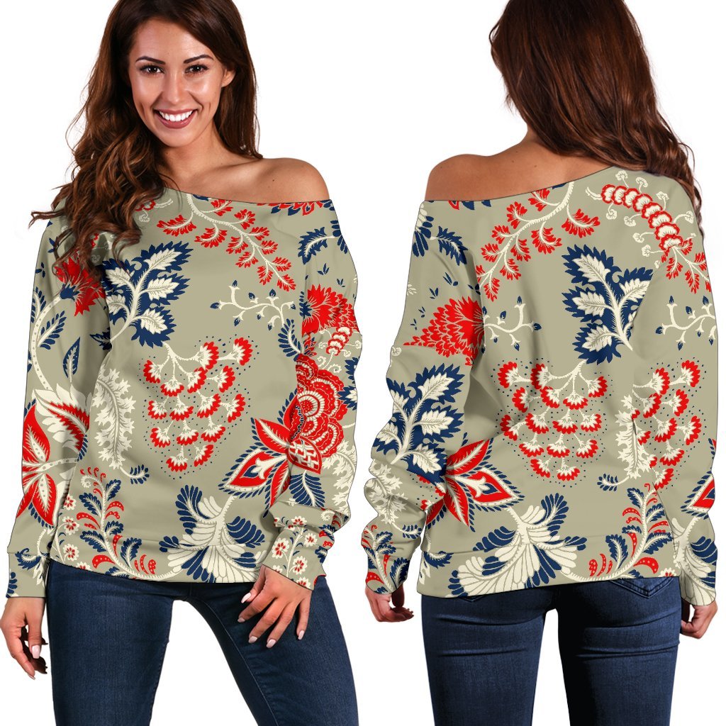 Beige Bohemian Floral Pattern Print Off Shoulder Sweatshirt GearFrost