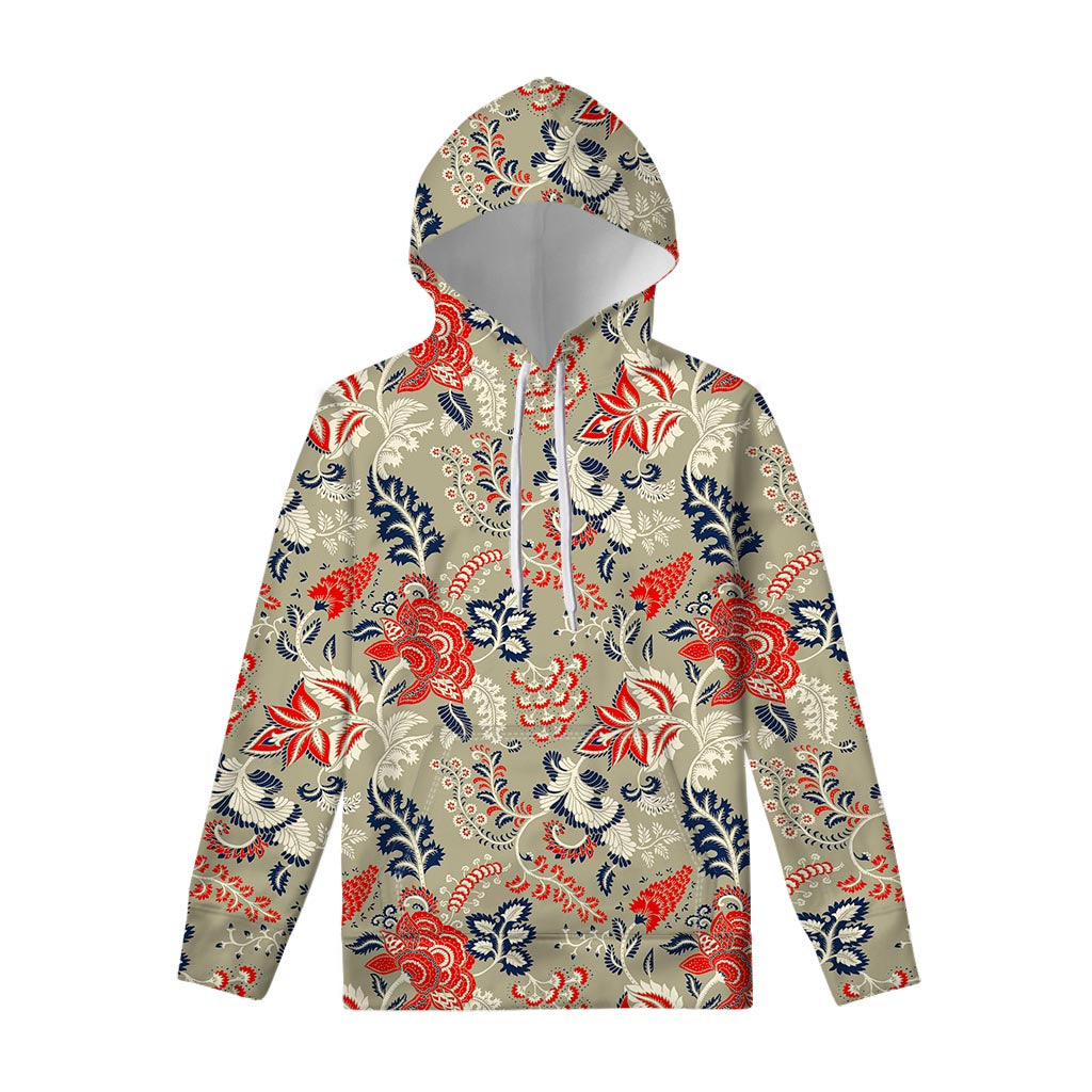 Beige Bohemian Floral Pattern Print Pullover Hoodie