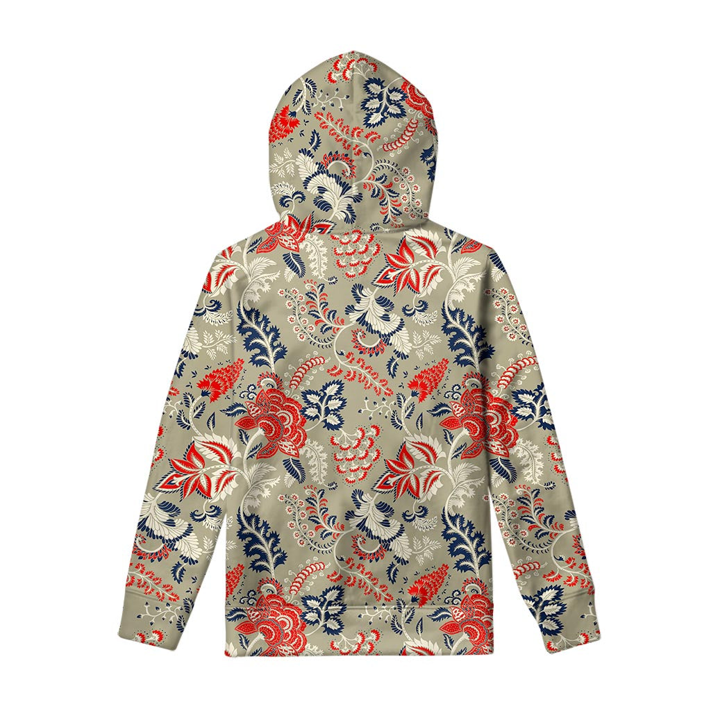 Beige Bohemian Floral Pattern Print Pullover Hoodie