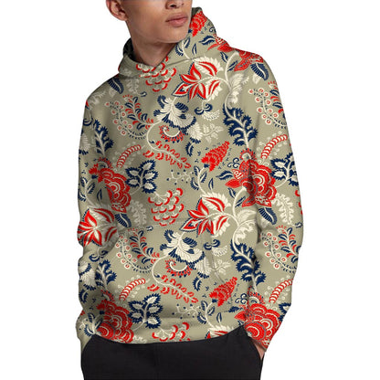 Beige Bohemian Floral Pattern Print Pullover Hoodie
