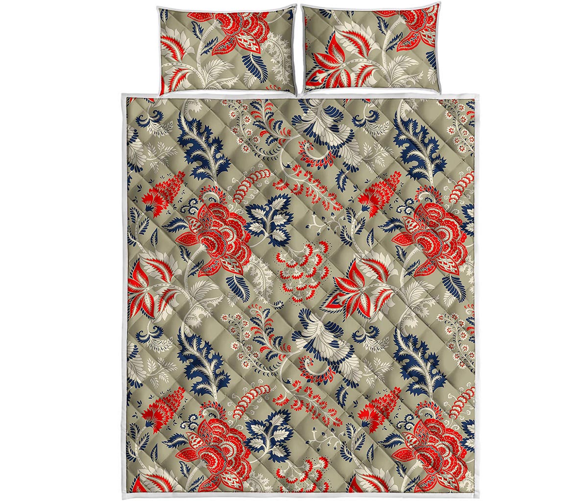 Beige Bohemian Floral Pattern Print Quilt Bed Set