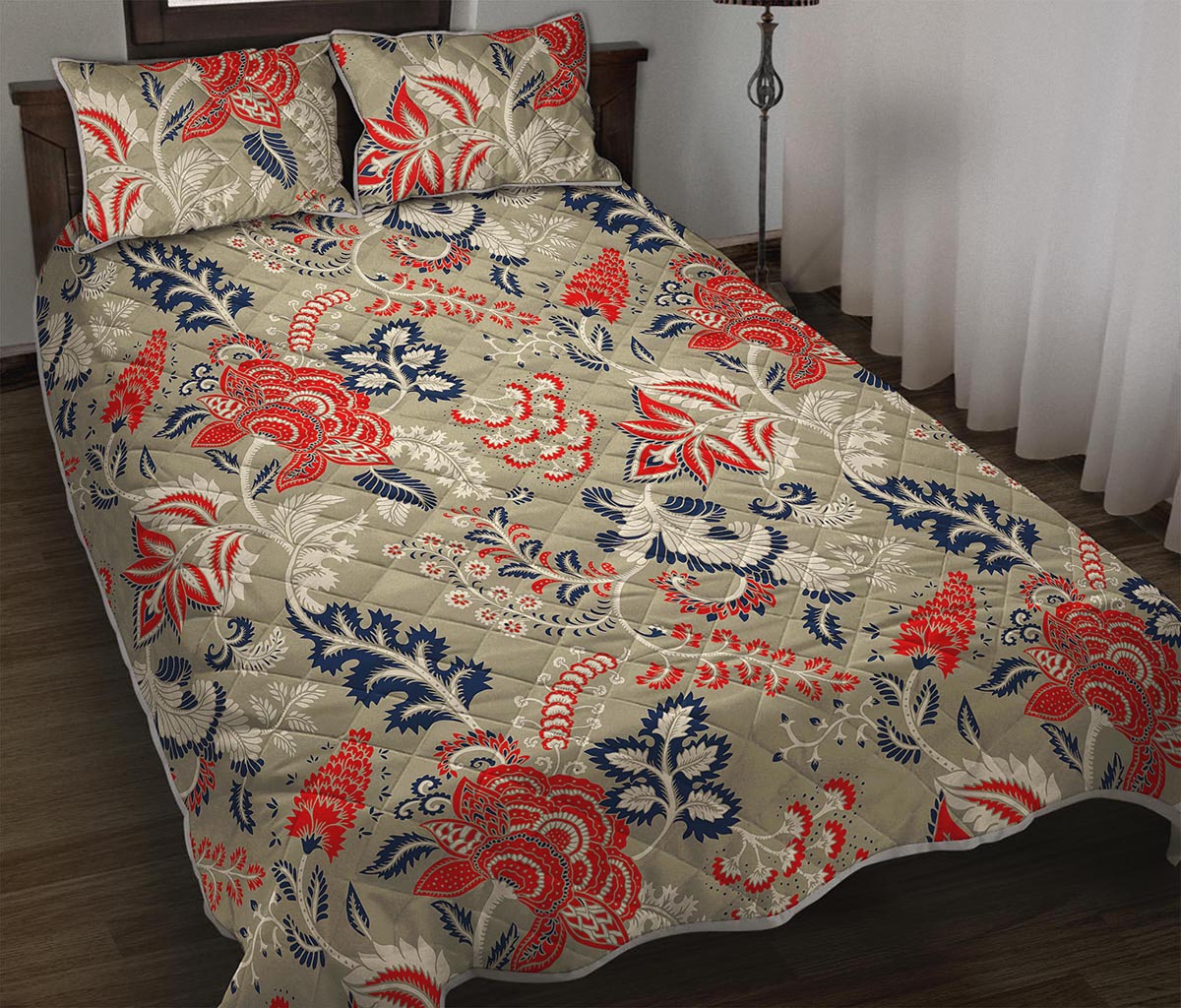 Beige Bohemian Floral Pattern Print Quilt Bed Set