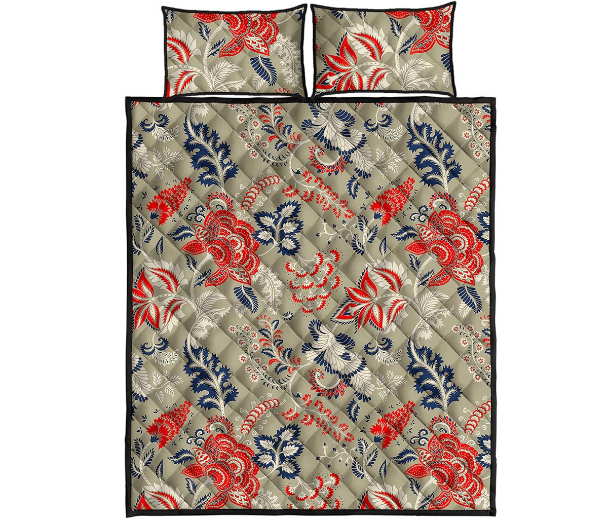 Beige Bohemian Floral Pattern Print Quilt Bed Set