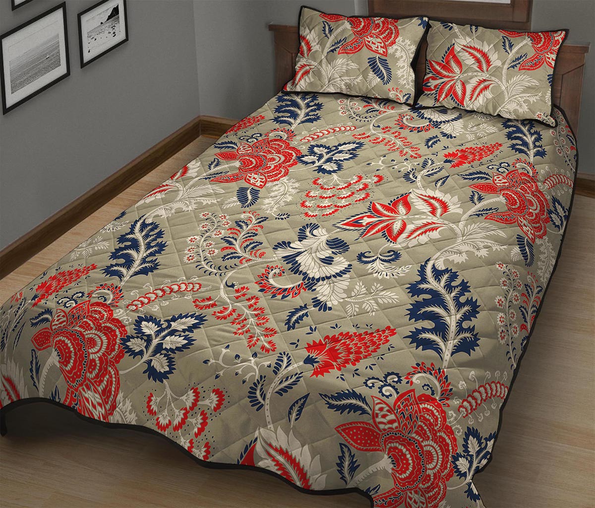 Beige Bohemian Floral Pattern Print Quilt Bed Set