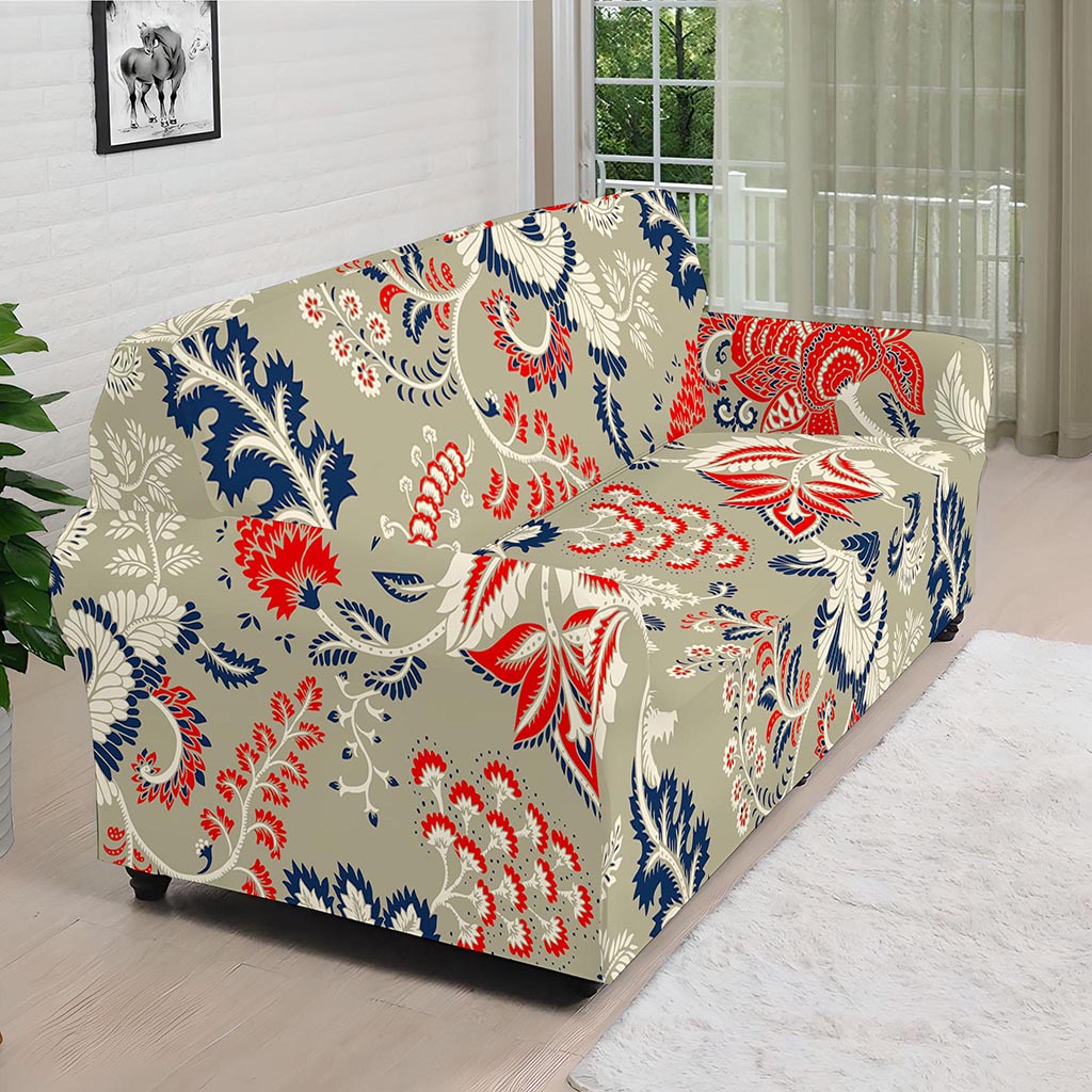Beige Bohemian Floral Pattern Print Sofa Cover