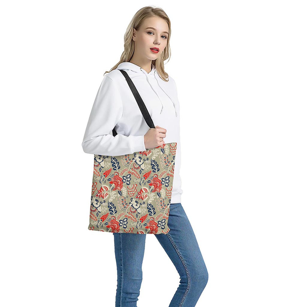 Beige Bohemian Floral Pattern Print Tote Bag