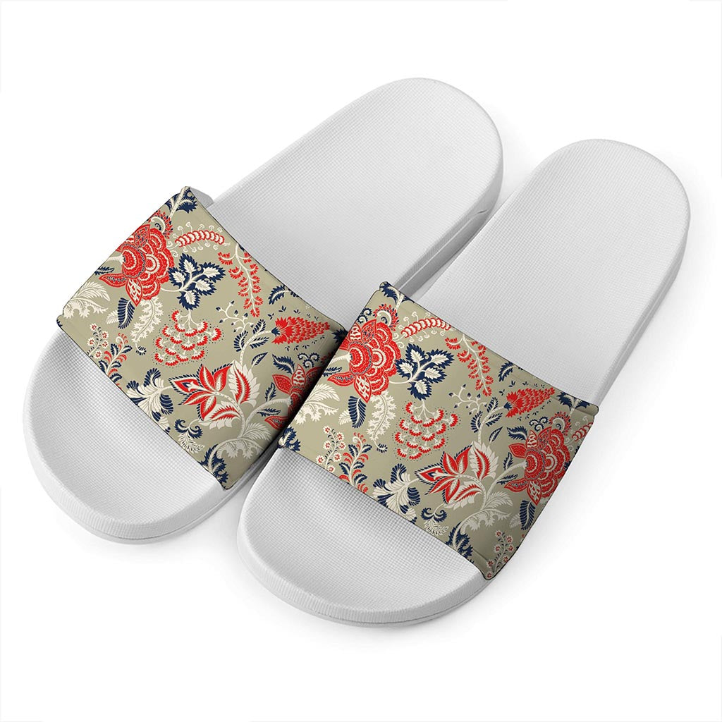 Beige Bohemian Floral Pattern Print White Slide Sandals