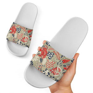 Beige Bohemian Floral Pattern Print White Slide Sandals