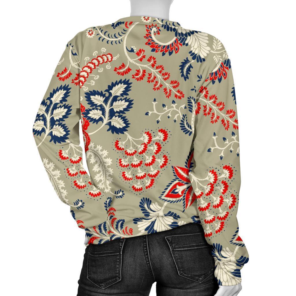 Beige Bohemian Floral Pattern Print Women's Crewneck Sweatshirt GearFrost