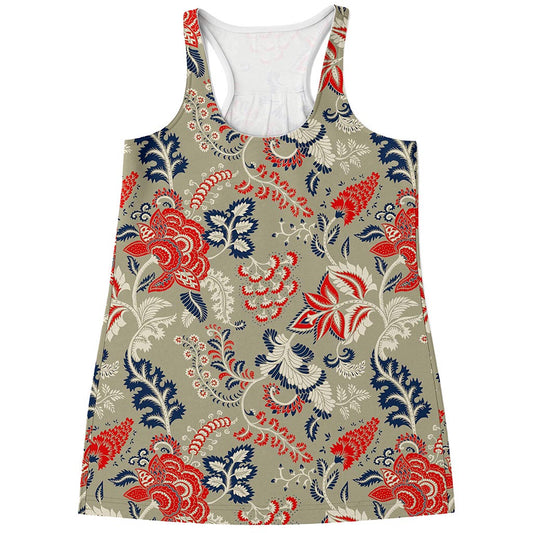 Beige Bohemian Floral Pattern Print Women's Racerback Tank Top