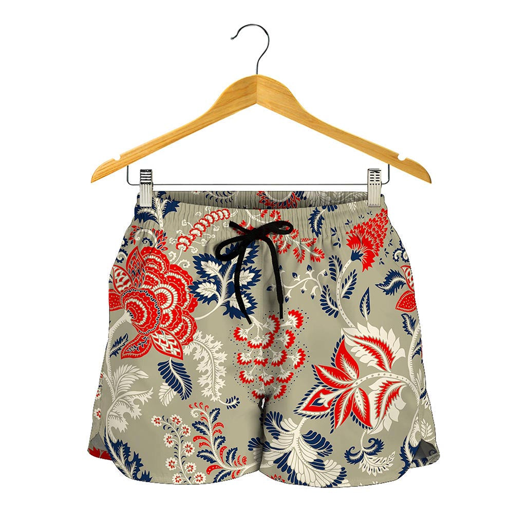Beige Bohemian Floral Pattern Print Women's Shorts