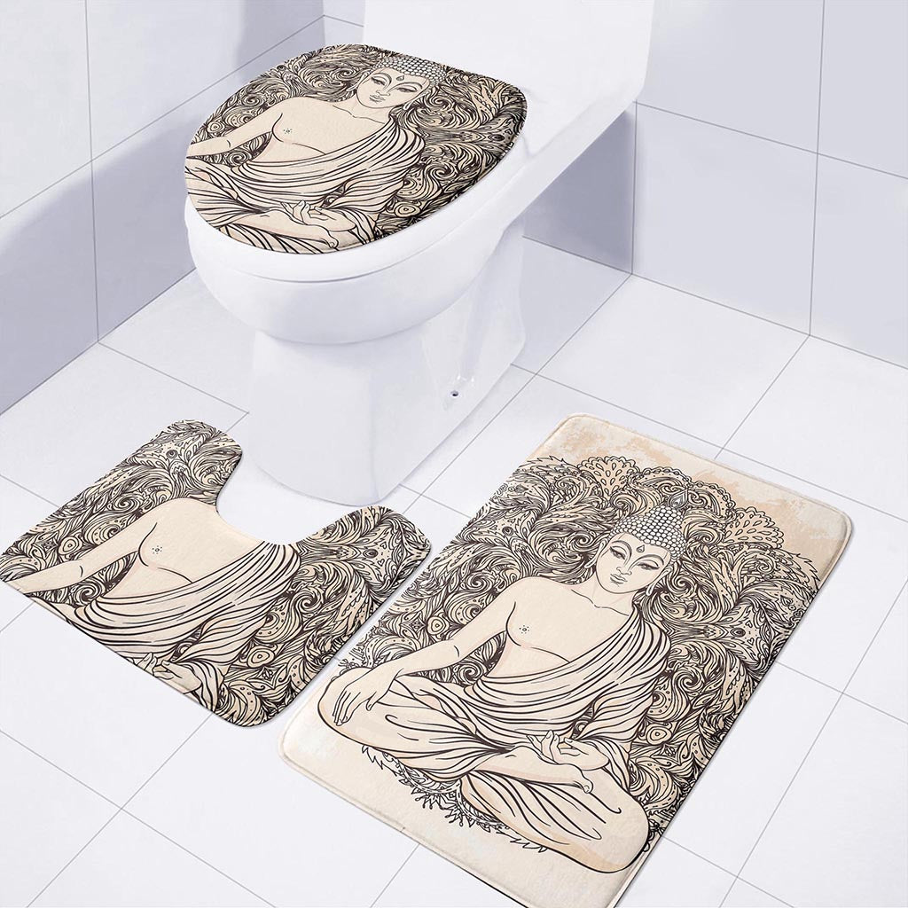 Beige Buddha Mandala Print 3 Piece Bath Mat Set