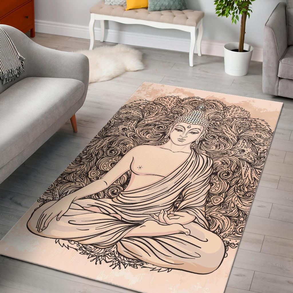 Beige Buddha Mandala Print Area Rug GearFrost