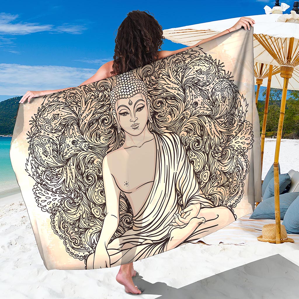 Beige Buddha Mandala Print Beach Sarong Wrap