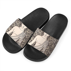 Beige Buddha Mandala Print Black Slide Sandals