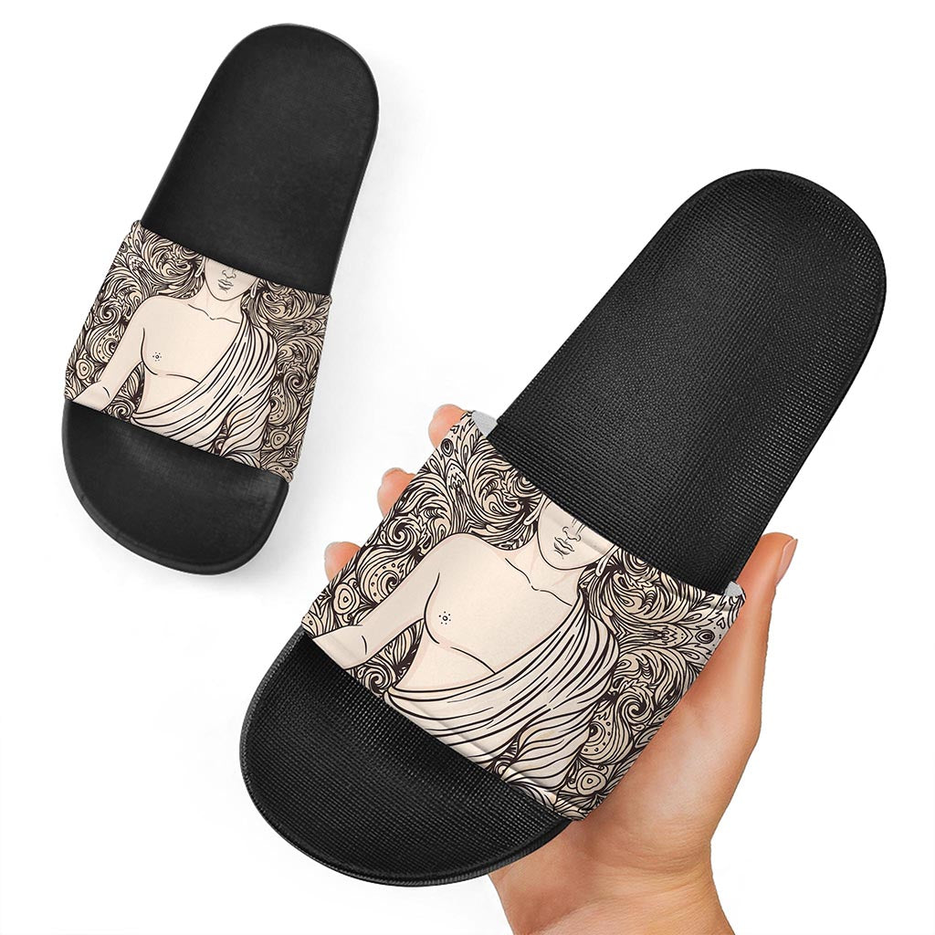 Beige Buddha Mandala Print Black Slide Sandals