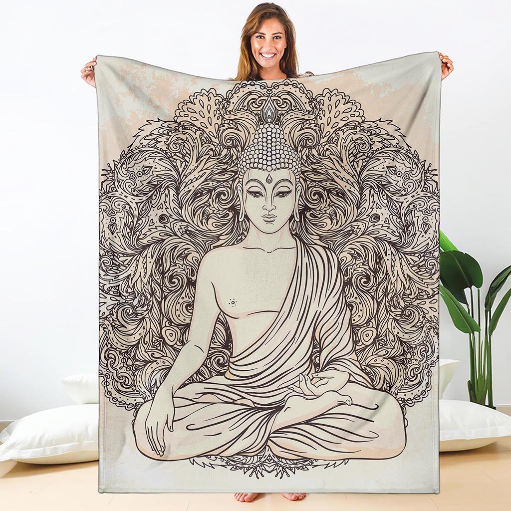 Beige Buddha Mandala Print Blanket