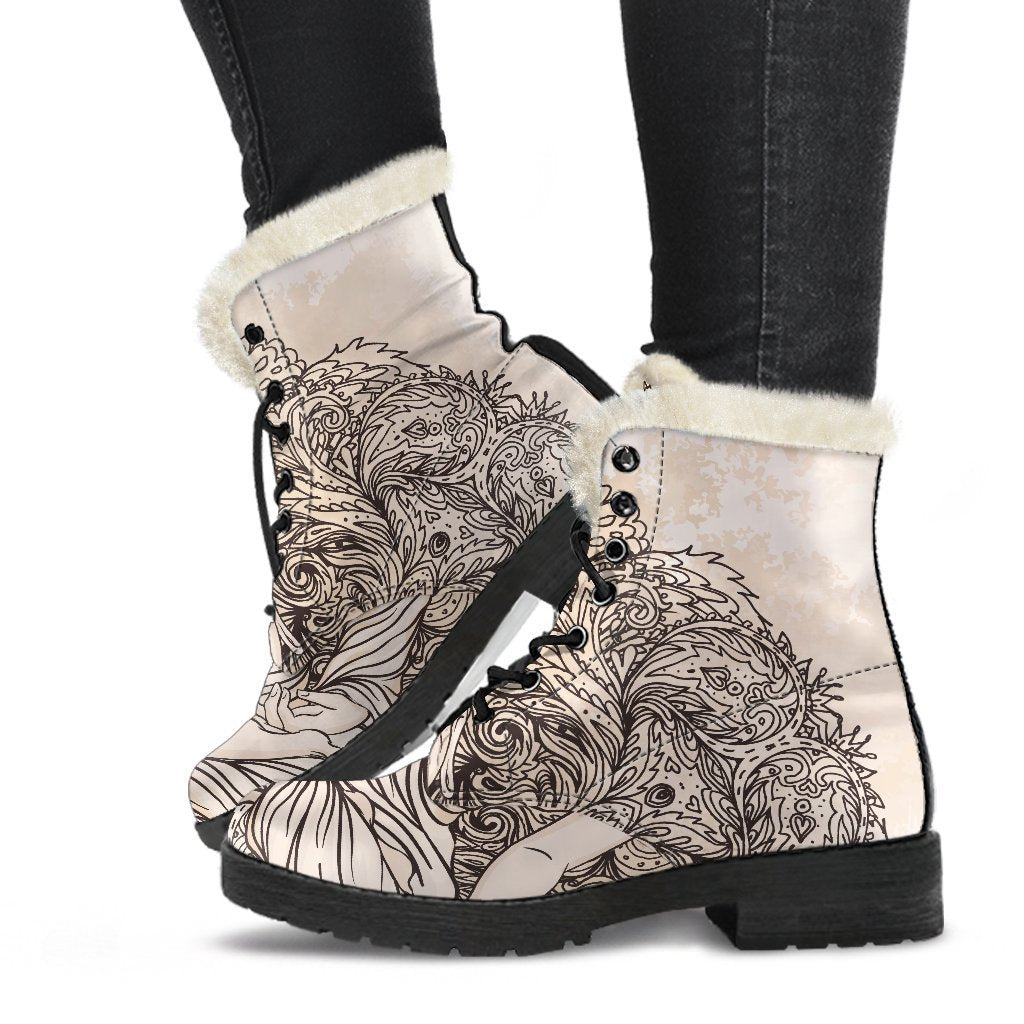 Beige Buddha Mandala Print Comfy Boots GearFrost