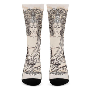 Beige Buddha Mandala Print Crew Socks
