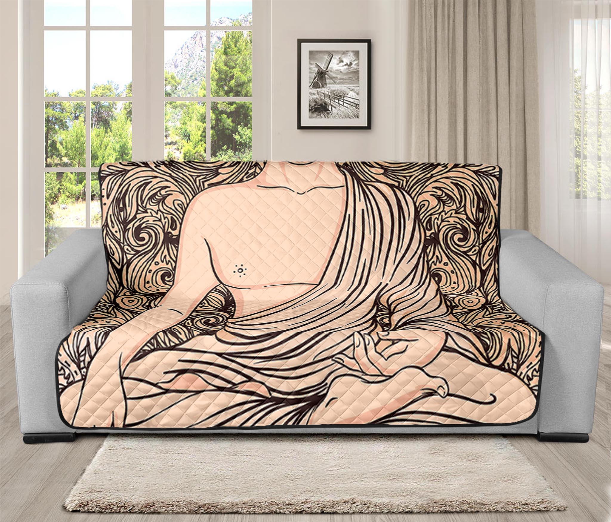 Beige Buddha Mandala Print Futon Protector