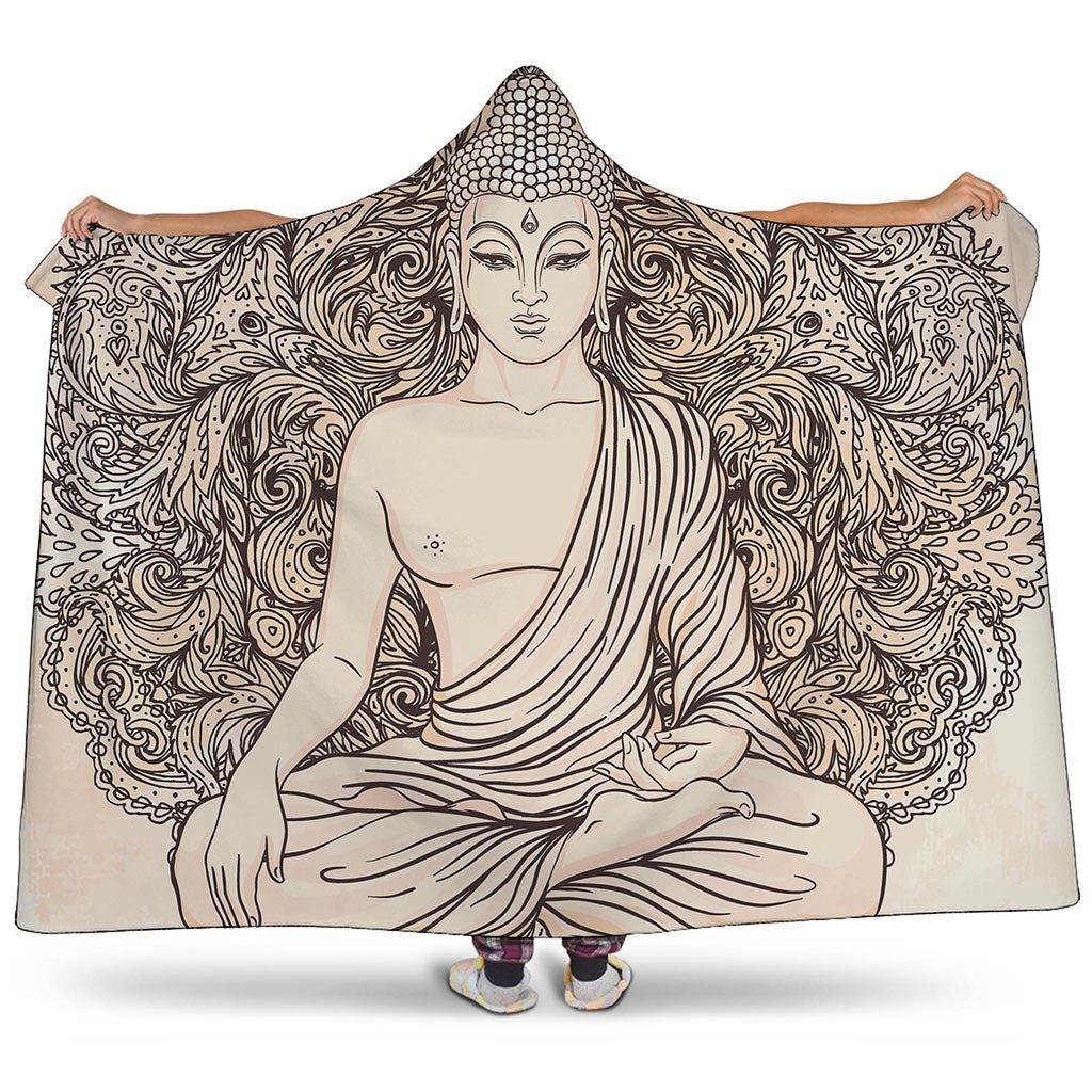 Beige Buddha Mandala Print Hooded Blanket