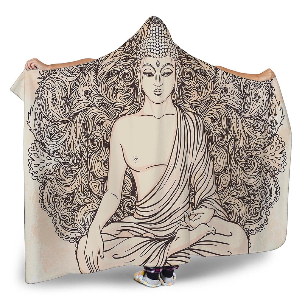 Beige Buddha Mandala Print Hooded Blanket