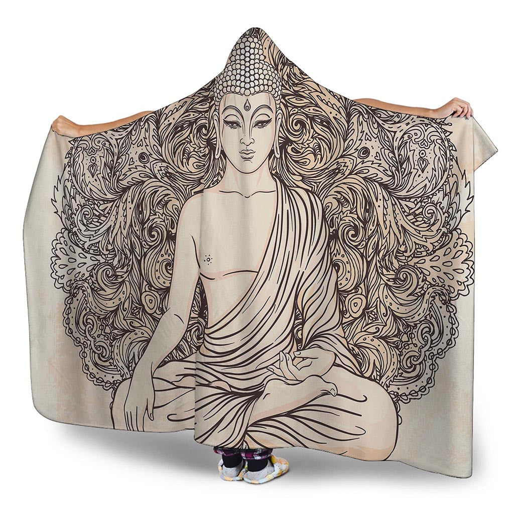 Beige Buddha Mandala Print Hooded Blanket