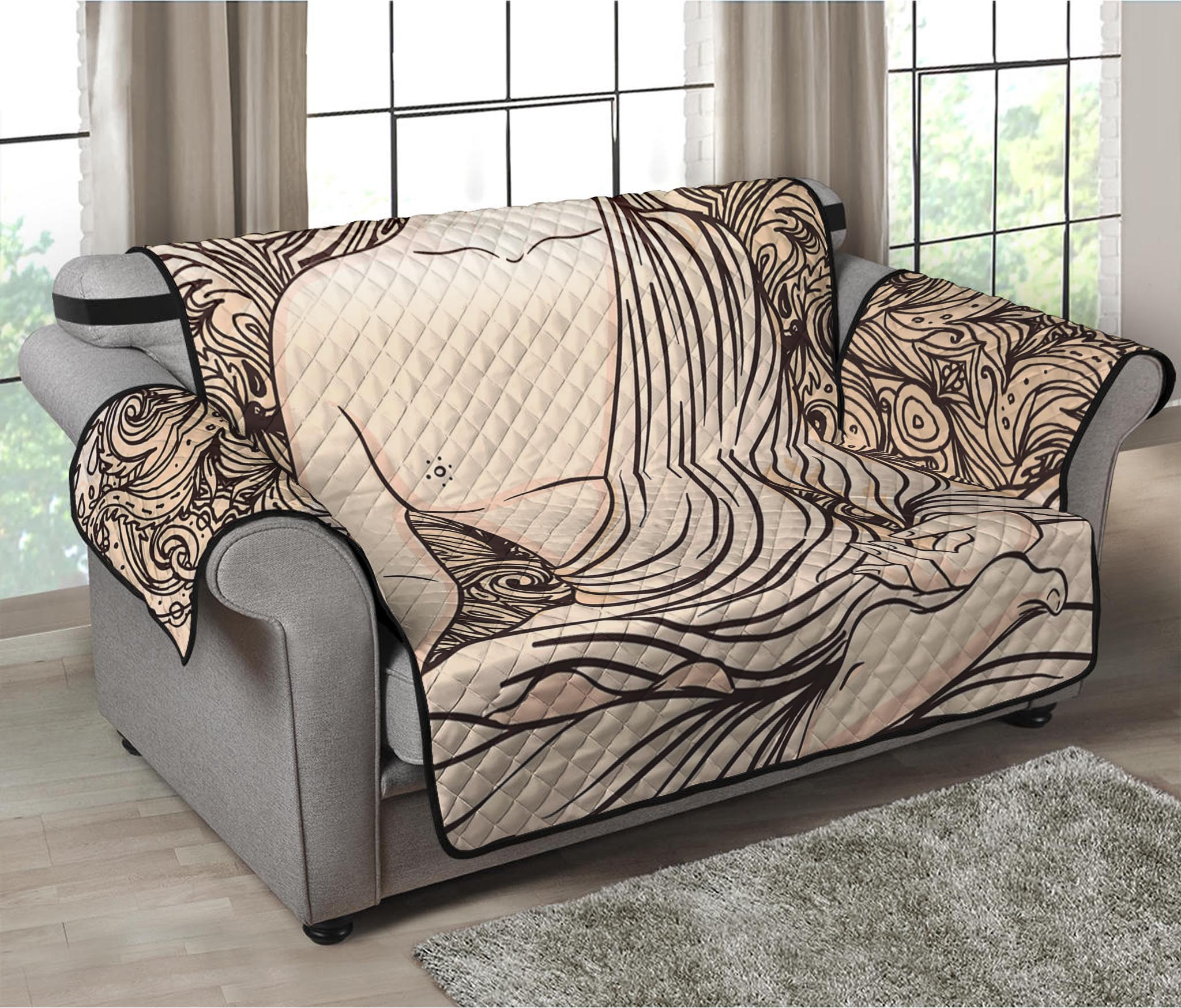 Beige Buddha Mandala Print Loveseat Protector