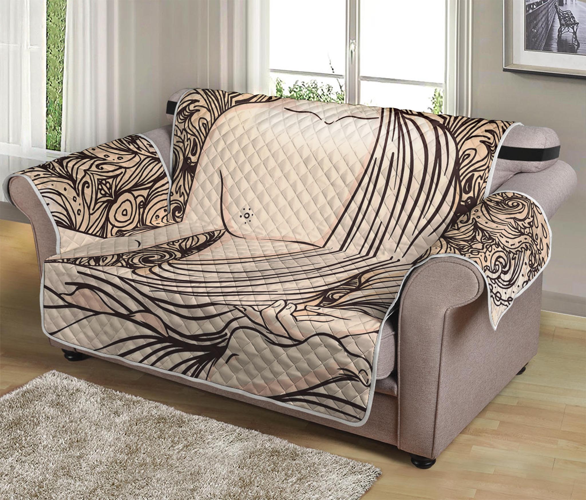 Beige Buddha Mandala Print Loveseat Protector