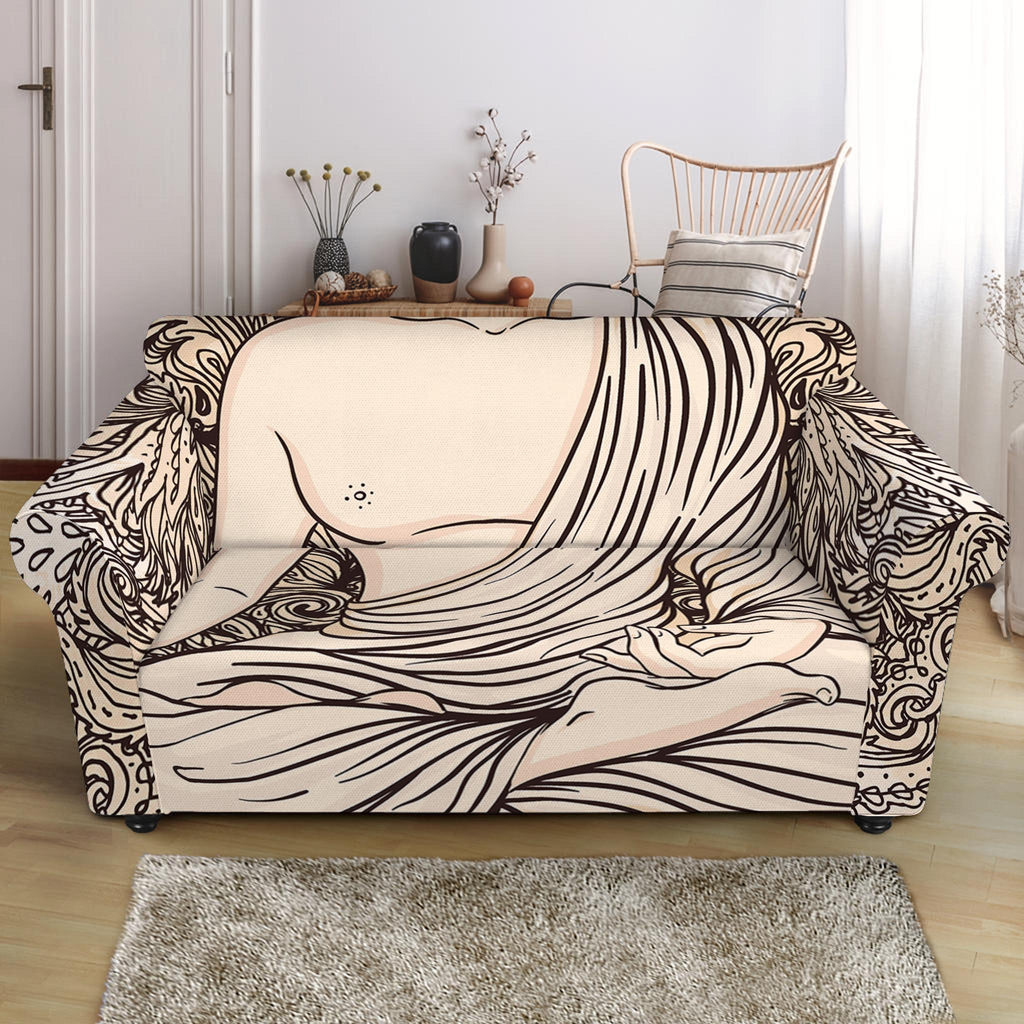 Beige Buddha Mandala Print Loveseat Slipcover