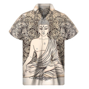 Beige Buddha Mandala Print Men's Short Sleeve Shirt