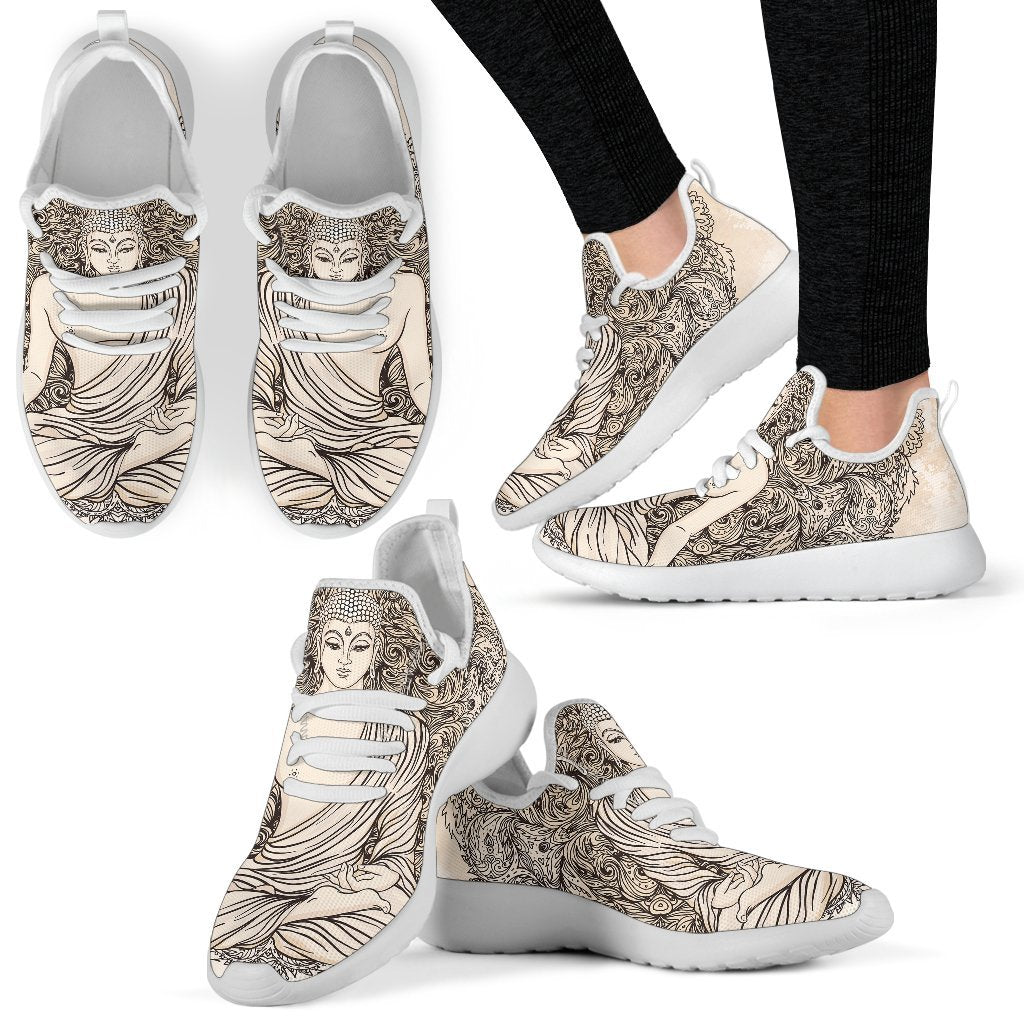 Beige Buddha Mandala Print Mesh Knit Shoes GearFrost