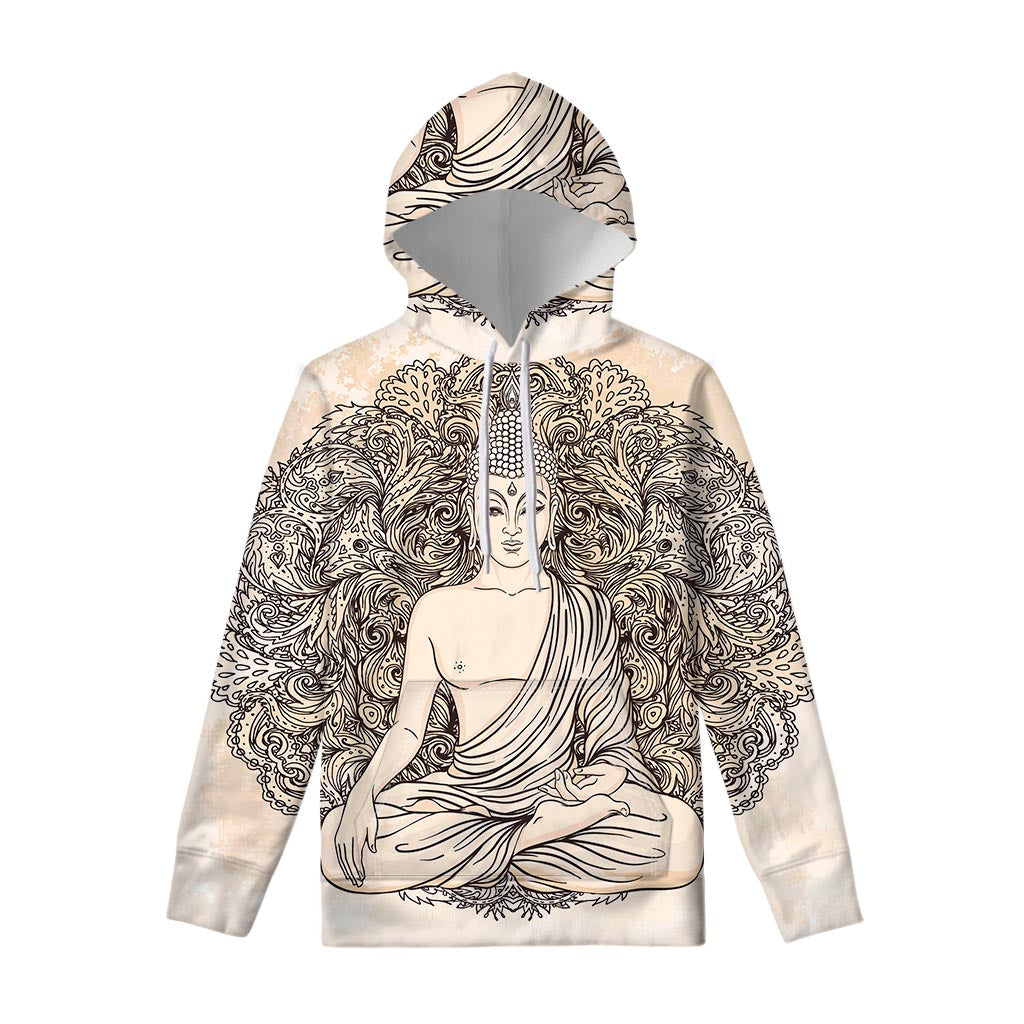 Beige Buddha Mandala Print Pullover Hoodie