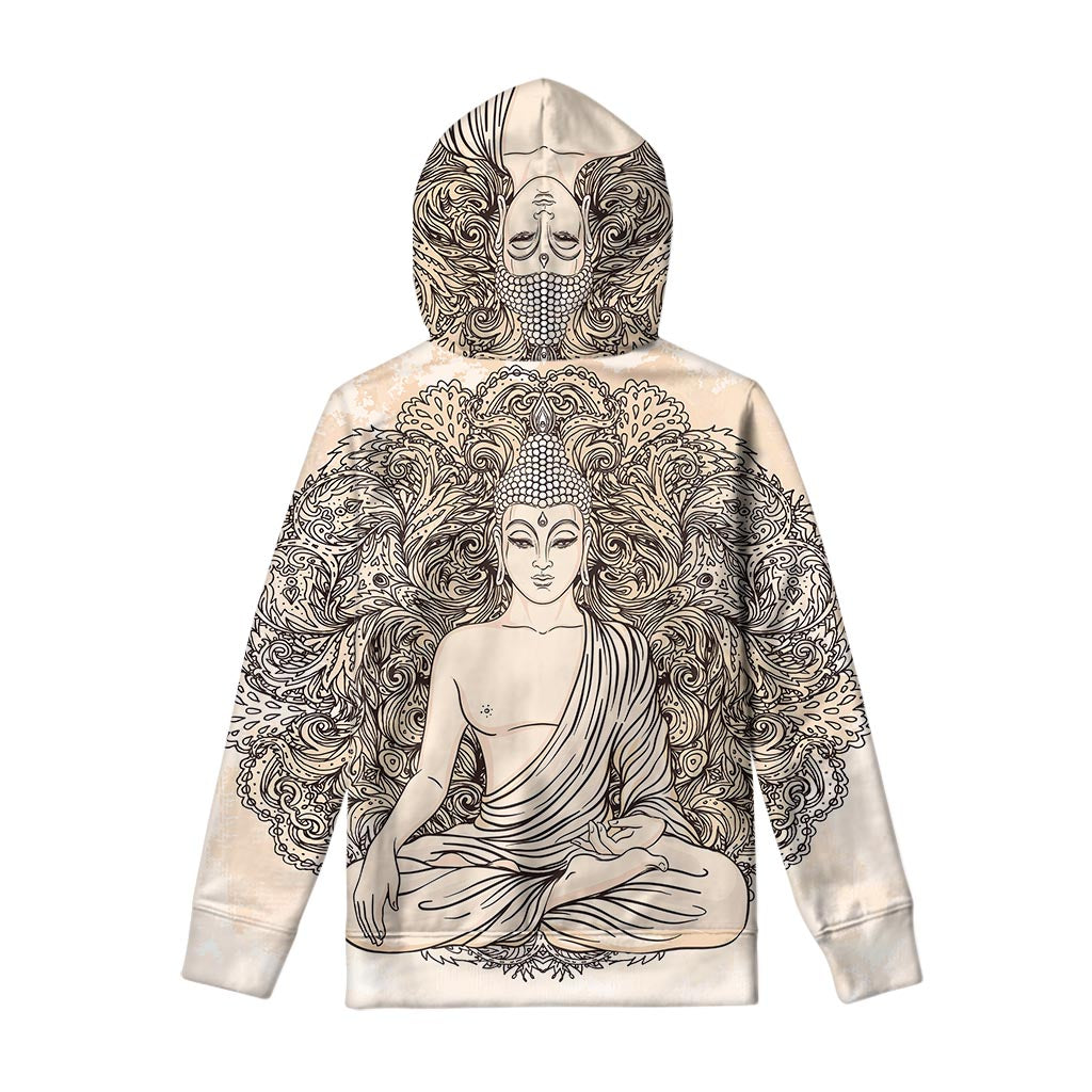 Beige Buddha Mandala Print Pullover Hoodie