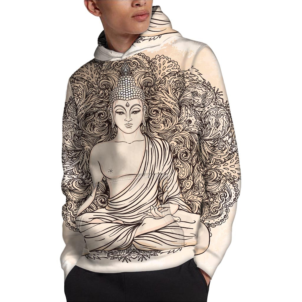 Beige Buddha Mandala Print Pullover Hoodie