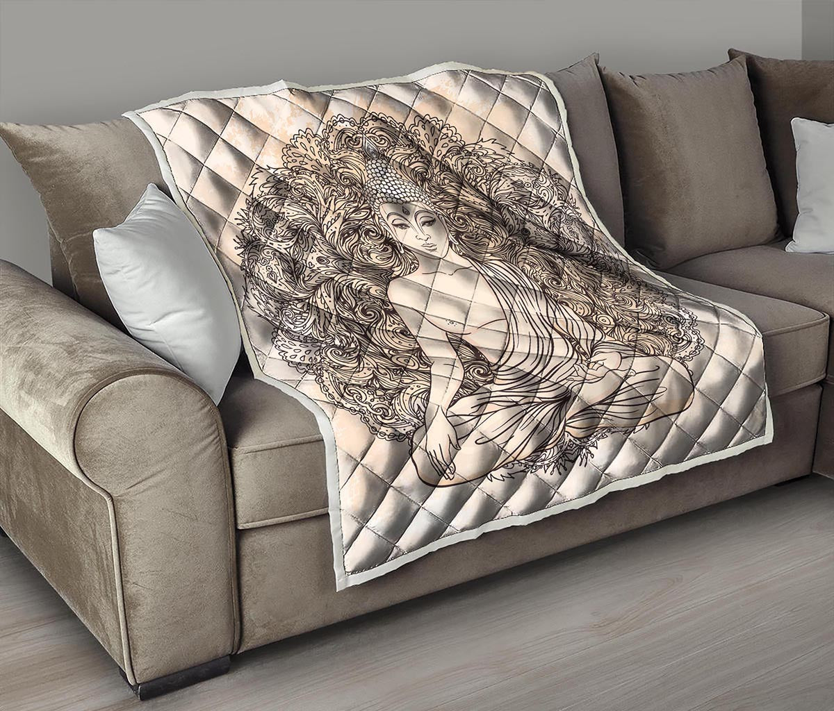 Beige Buddha Mandala Print Quilt