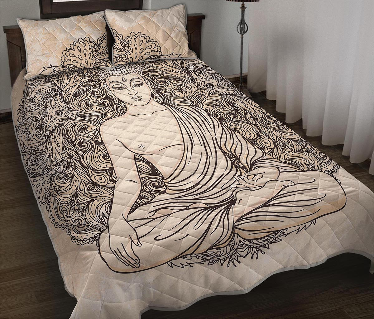 Beige Buddha Mandala Print Quilt Bed Set