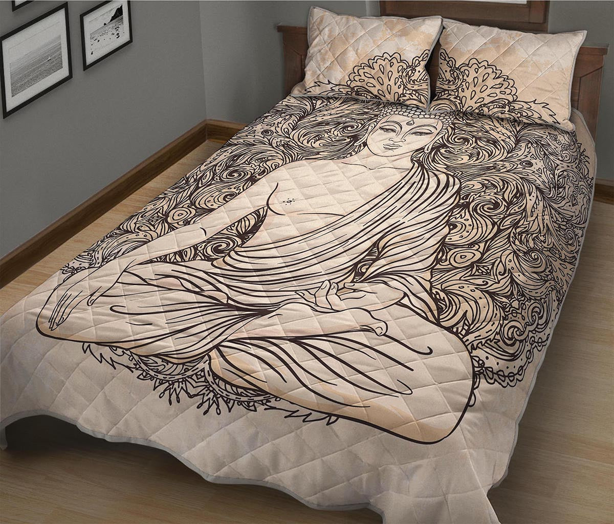 Beige Buddha Mandala Print Quilt Bed Set