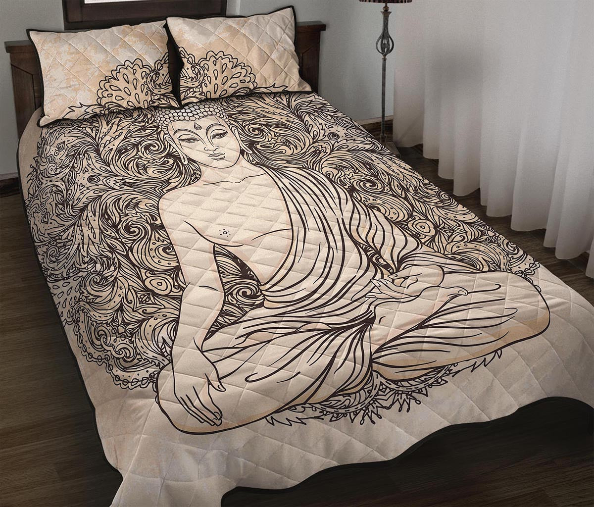 Beige Buddha Mandala Print Quilt Bed Set