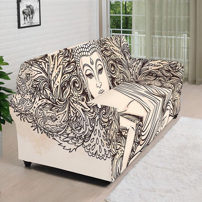 Beige Buddha Mandala Print Sofa Cover