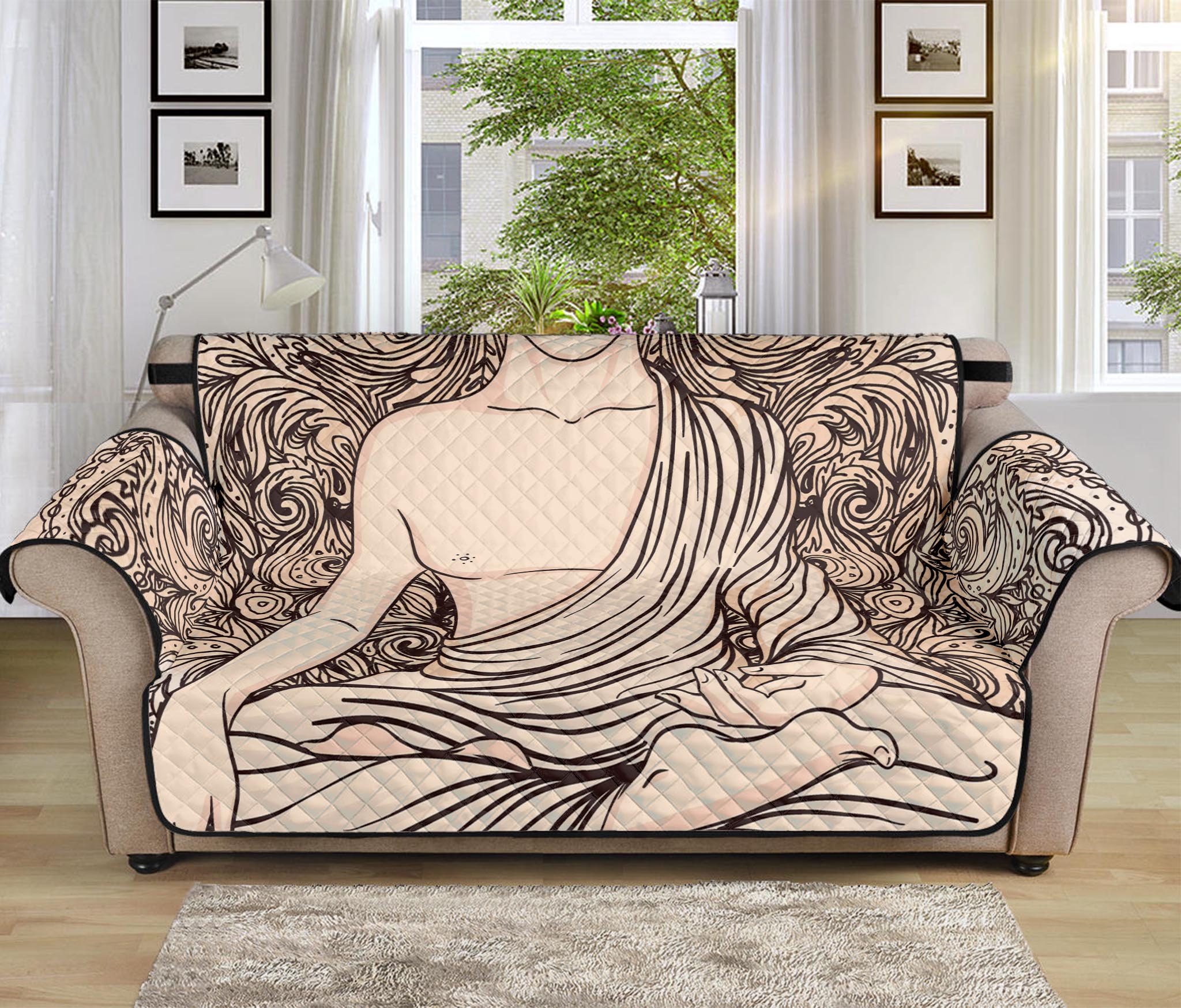 Beige Buddha Mandala Print Sofa Protector