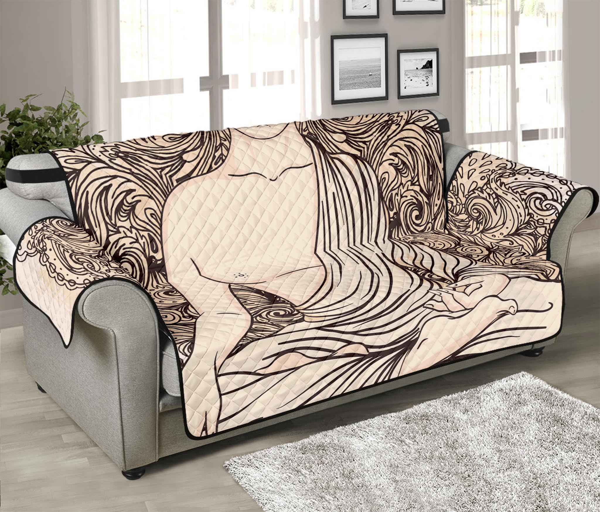 Beige Buddha Mandala Print Sofa Protector