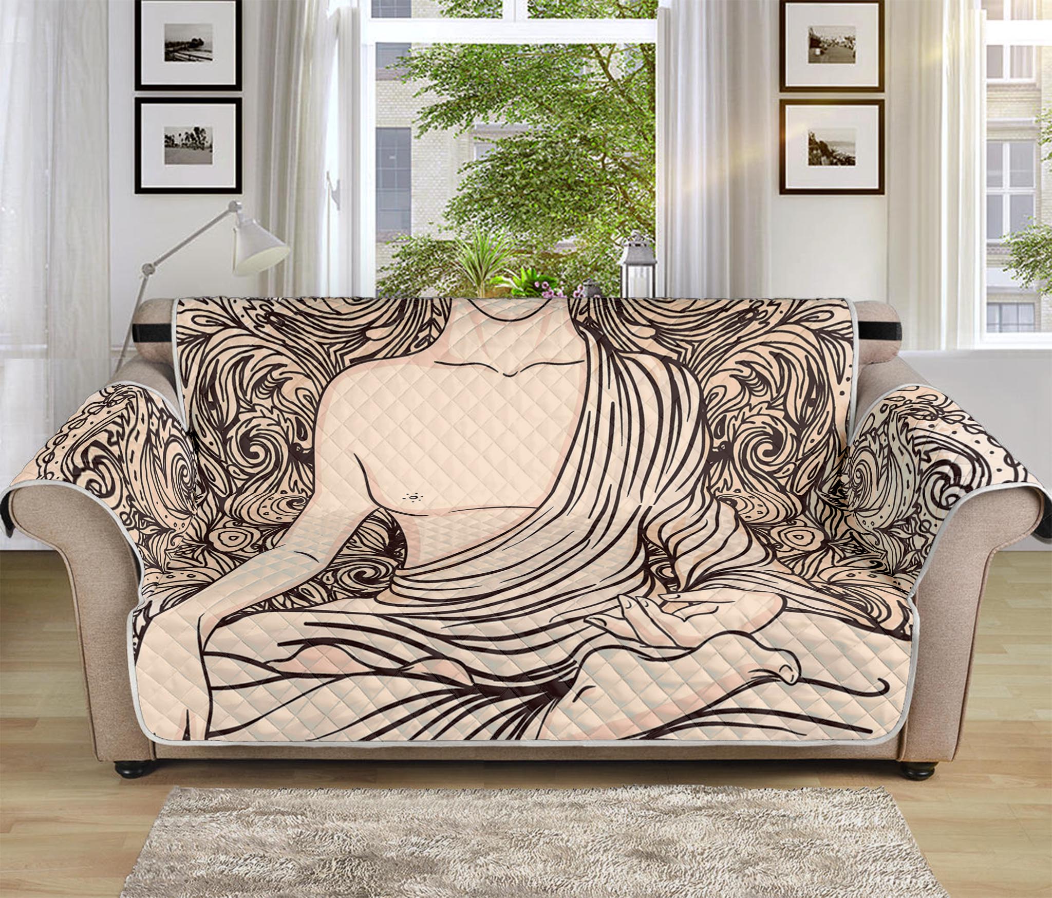 Beige Buddha Mandala Print Sofa Protector