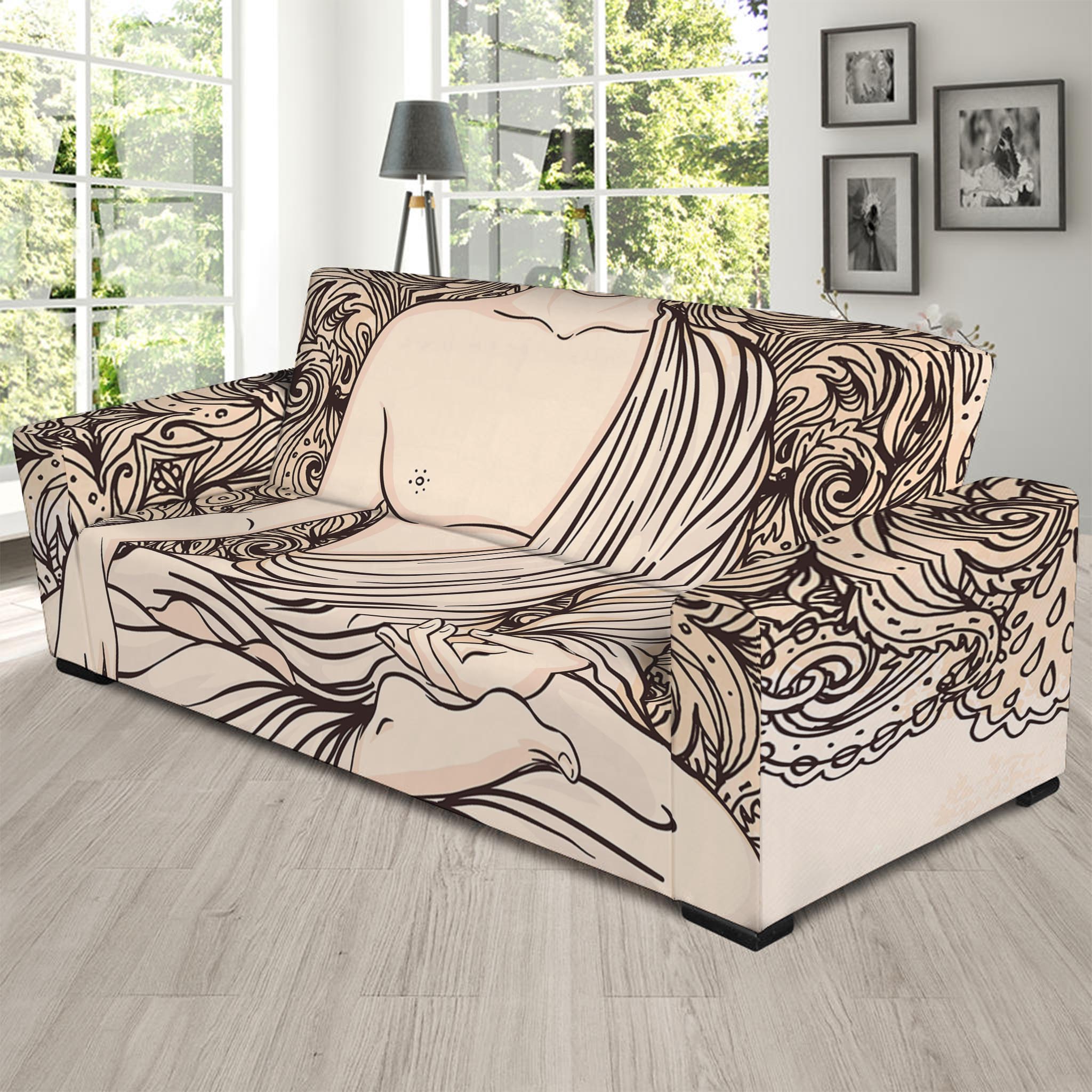 Beige Buddha Mandala Print Sofa Slipcover