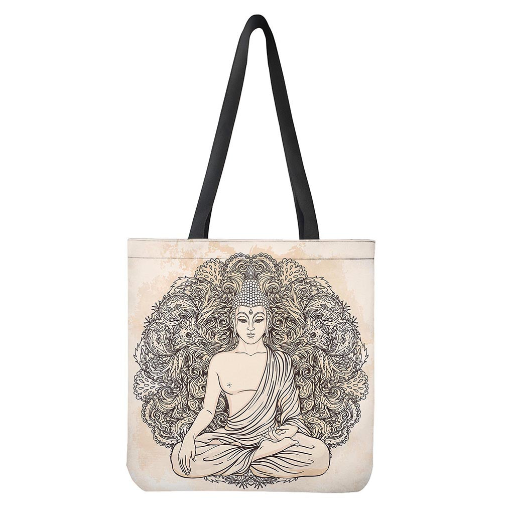 Beige Buddha Mandala Print Tote Bag