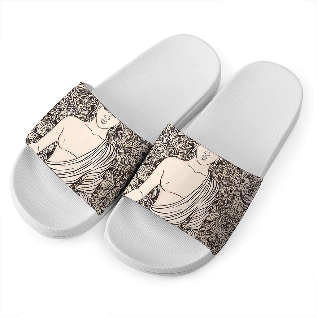 Beige Buddha Mandala Print White Slide Sandals