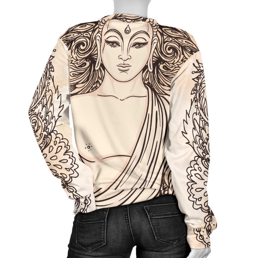 Beige Buddha Mandala Print Women's Crewneck Sweatshirt GearFrost