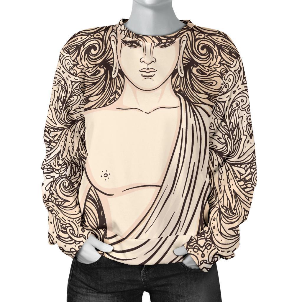 Beige Buddha Mandala Print Women's Crewneck Sweatshirt GearFrost